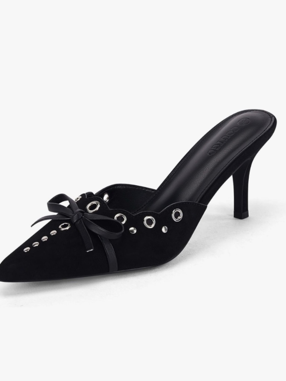S07 Coutgo Women Bow Tie Mule Heels Pointed Toe Studded Backless Stilettos Slip